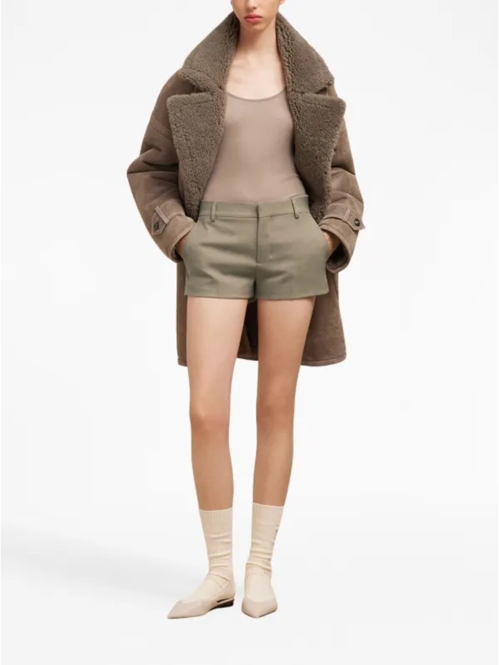 AMI Paris Tailored Cut Wool Shorts in Taupe Ivory
